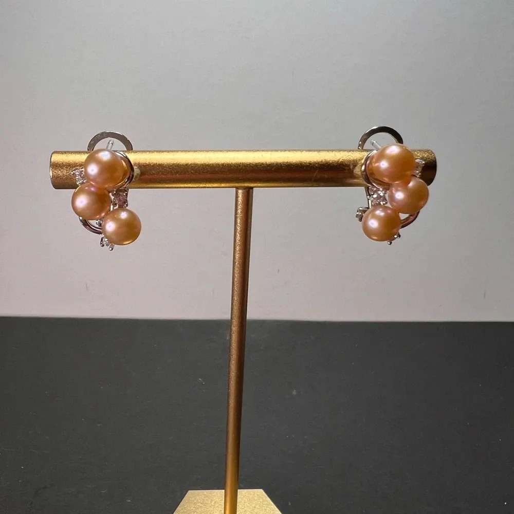 Pink Freshwater and CZ Rhodium Over Sterling Silver Earrings with omega backs